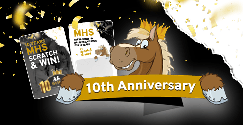 Cheval de dessin animé avec texte 10e anniversaire et deux cartes à gratter en arrière-plan.